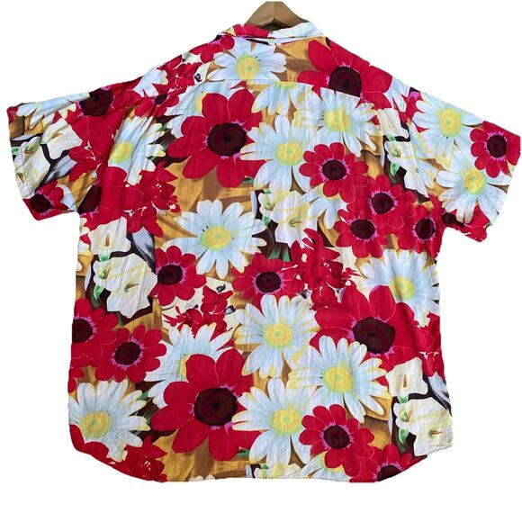 Vintage 90s Jams World All Over Print Daisy Floral Button Down Top Shirt Red XL - Picture 2 of 6